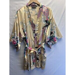 Veami Silky Satin Robe Kimono Soft Yellow Oriental Peacock Size L/XL Pocket